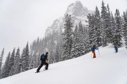 patagonia and gore tex press event celebrating a partnership in developing products made with epe membrane that are guarunteed to hold up to the harsh demands of outdoor, alpine and backcountry objectives with out harmful long lasting pfcs perfluorinated chemicals hyalite canyon, montana pep fujas follows pasha whitmire and bridgid mander on a snowy skin track products untracked jacket and bibs