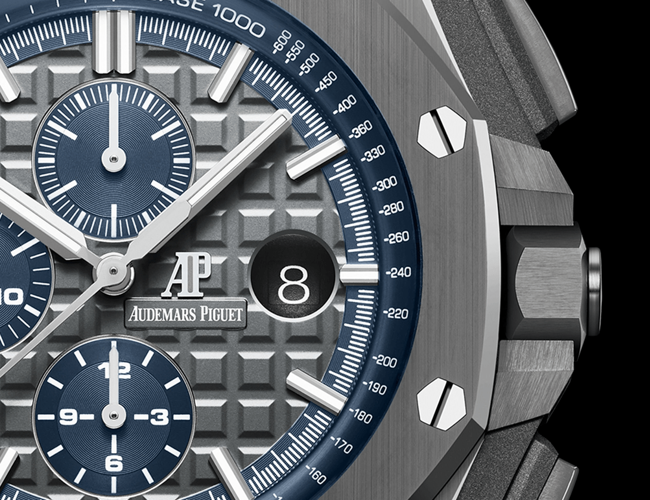 a silver watch with blue accents filling the photo frame