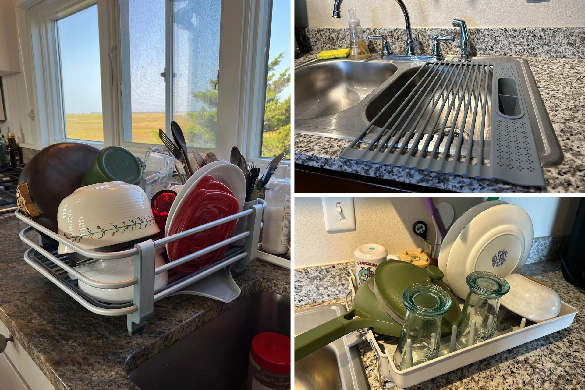 collage of dish drying racks on a sink counter