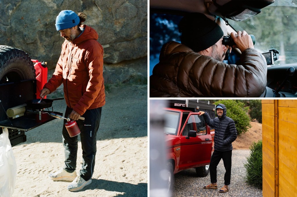collage of a man wearing different down jackets while camping