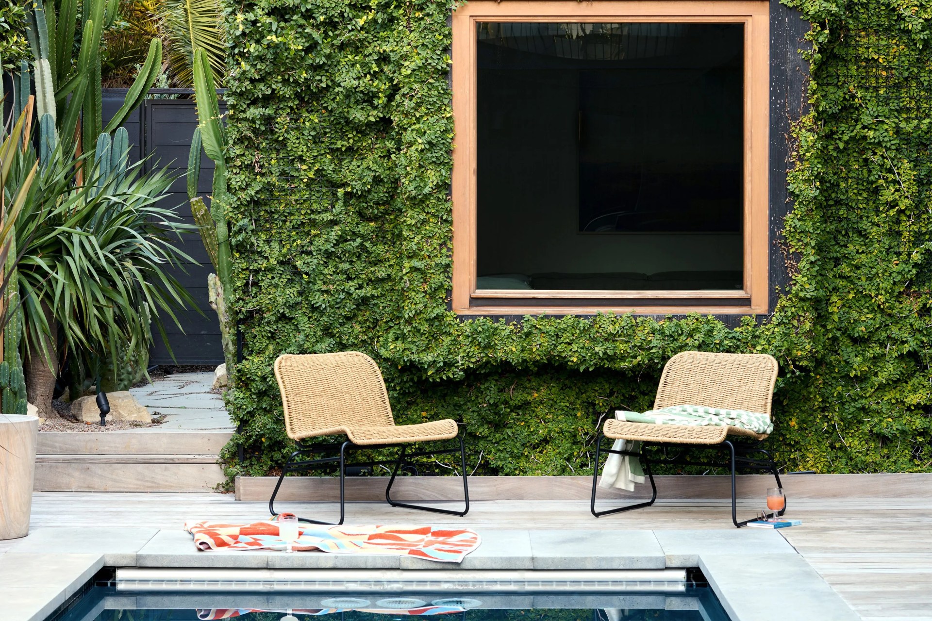 burrow lounge chairs on a pool patio