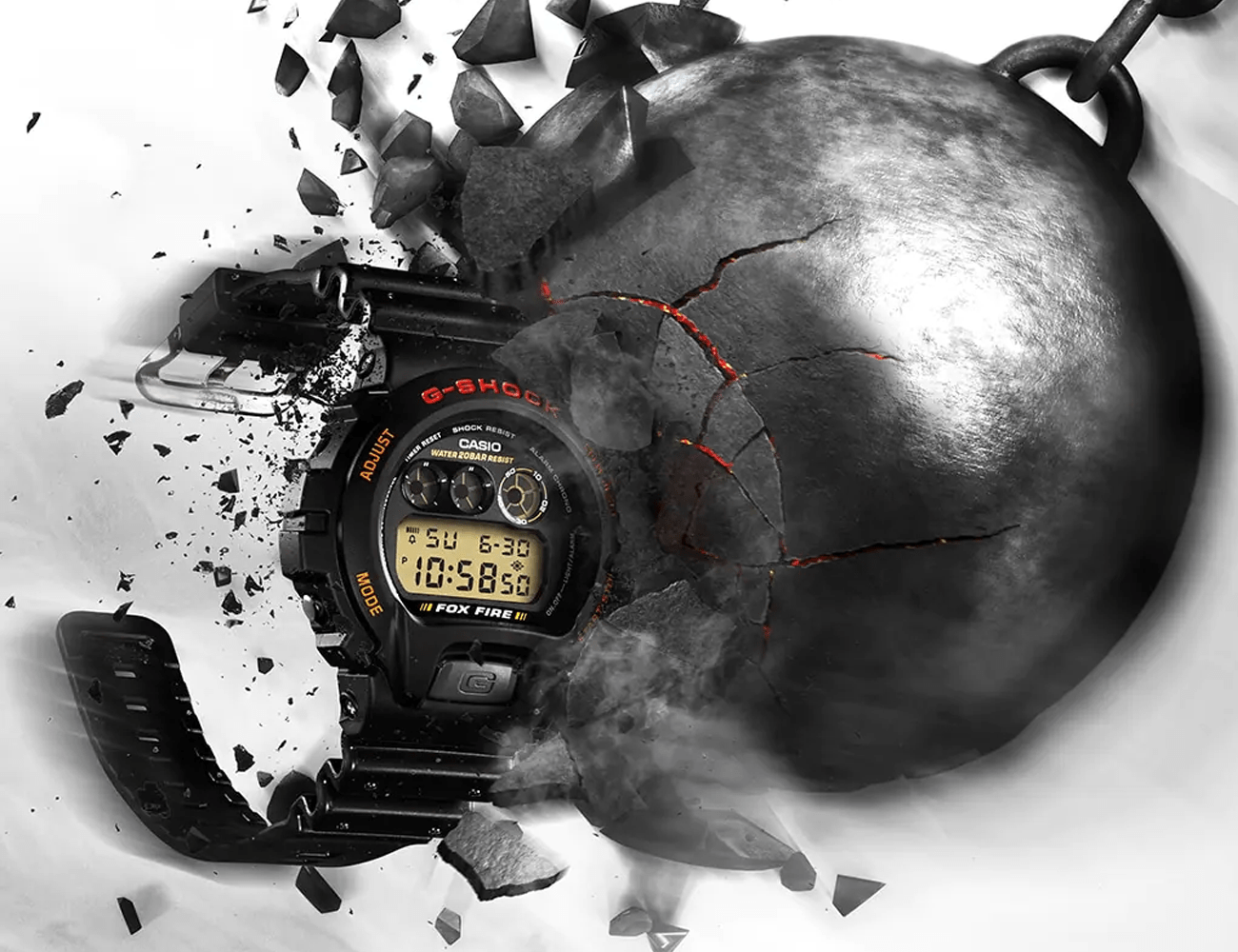 a black casio watch getting hit by a black wrecking ball