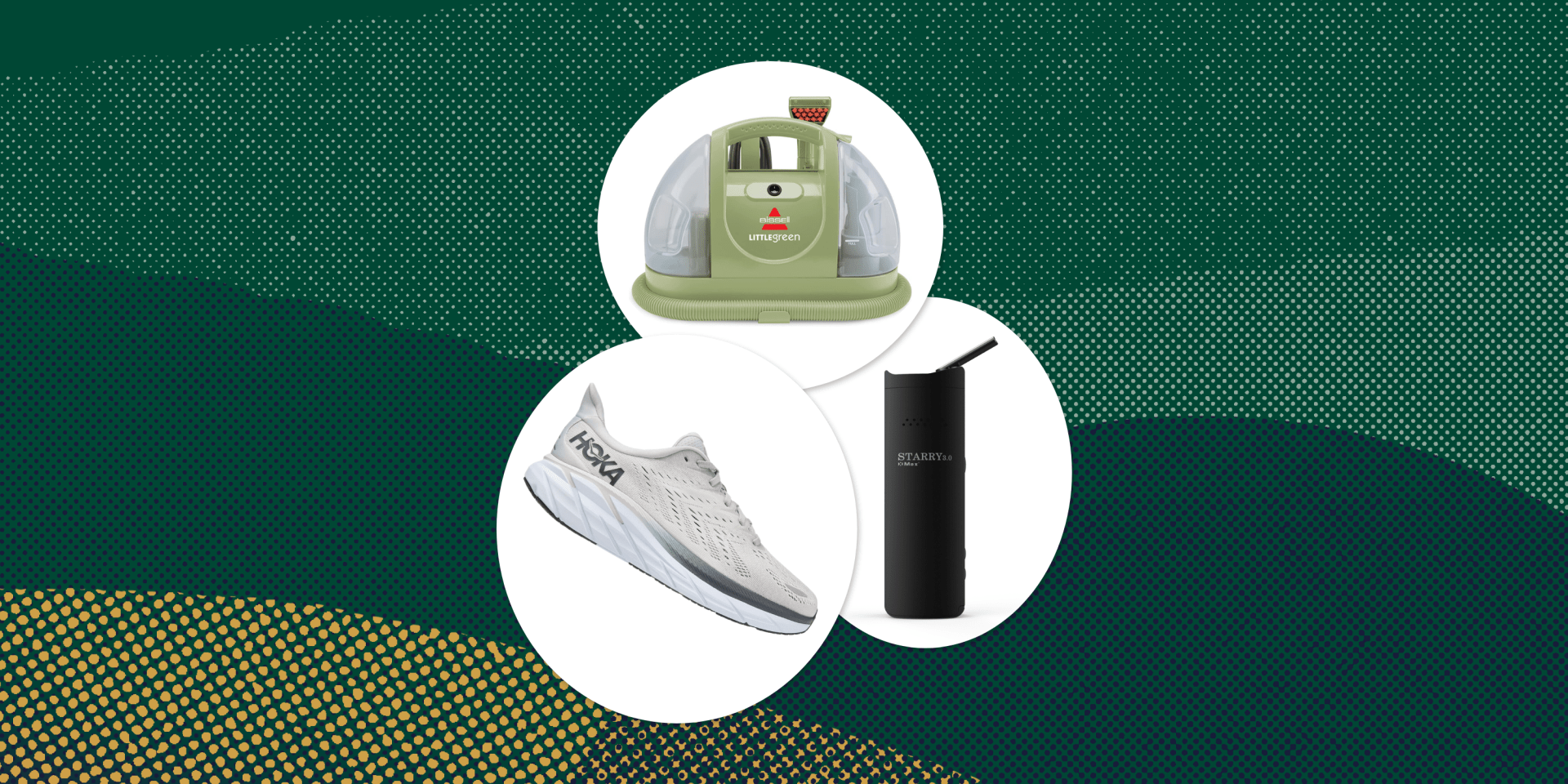 collage of vacuum, shoe, and vape pen
