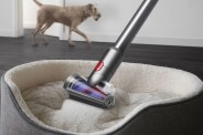 a dyson vacuum cleaning a dog bed