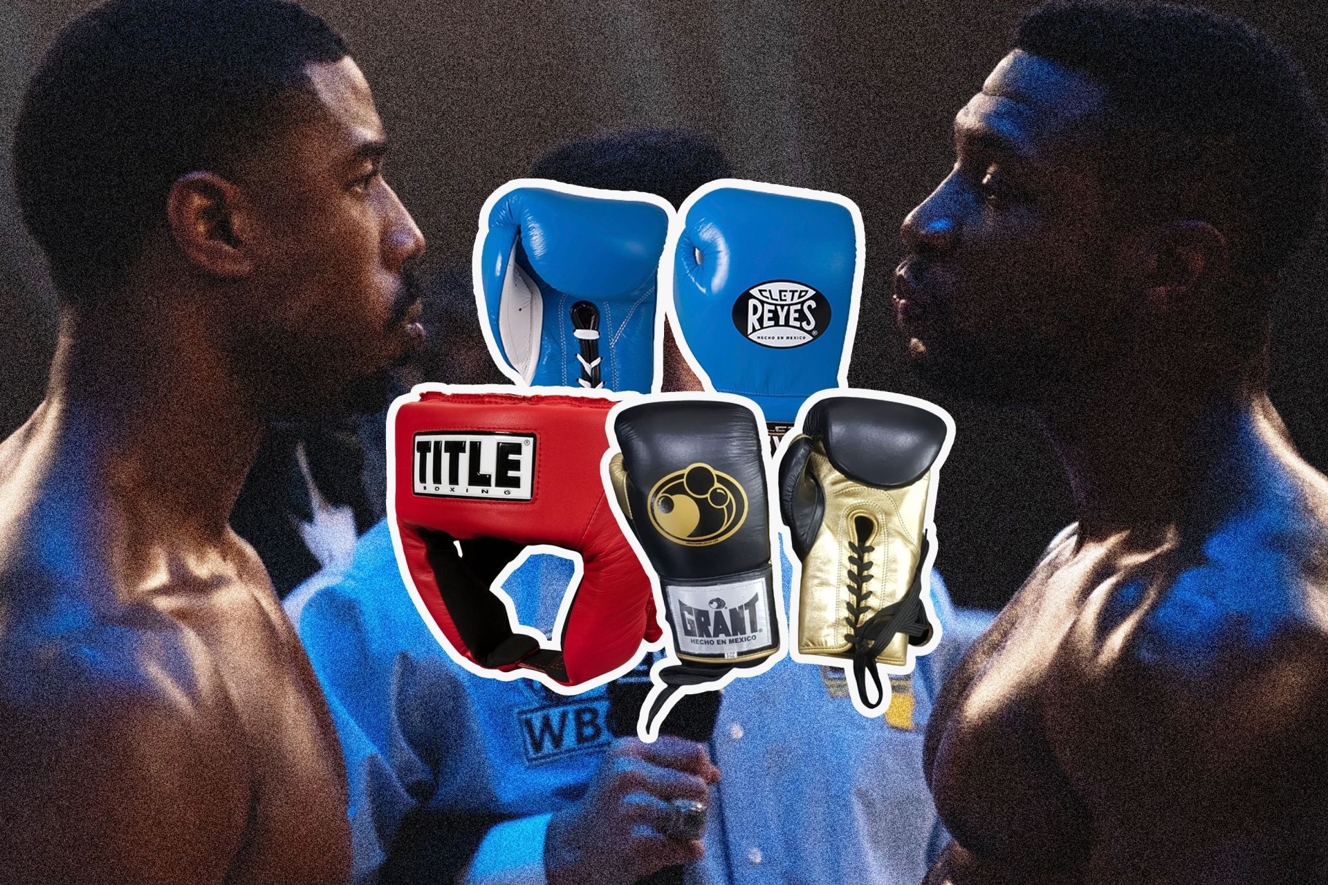 2 pairs of boxing gloves and a red headgear set overlayed on top of a still of two boxers from the movie creed 3