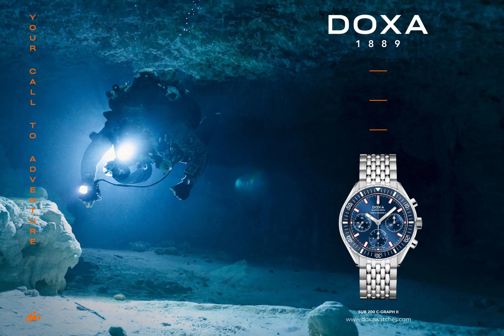 a scuba diving underwater next to a doxa watch