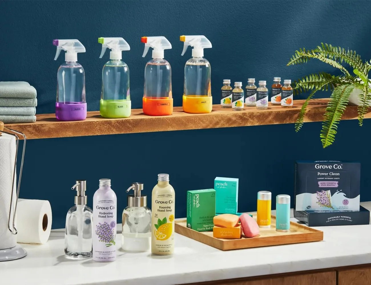 cleaning products on a counter and shelf