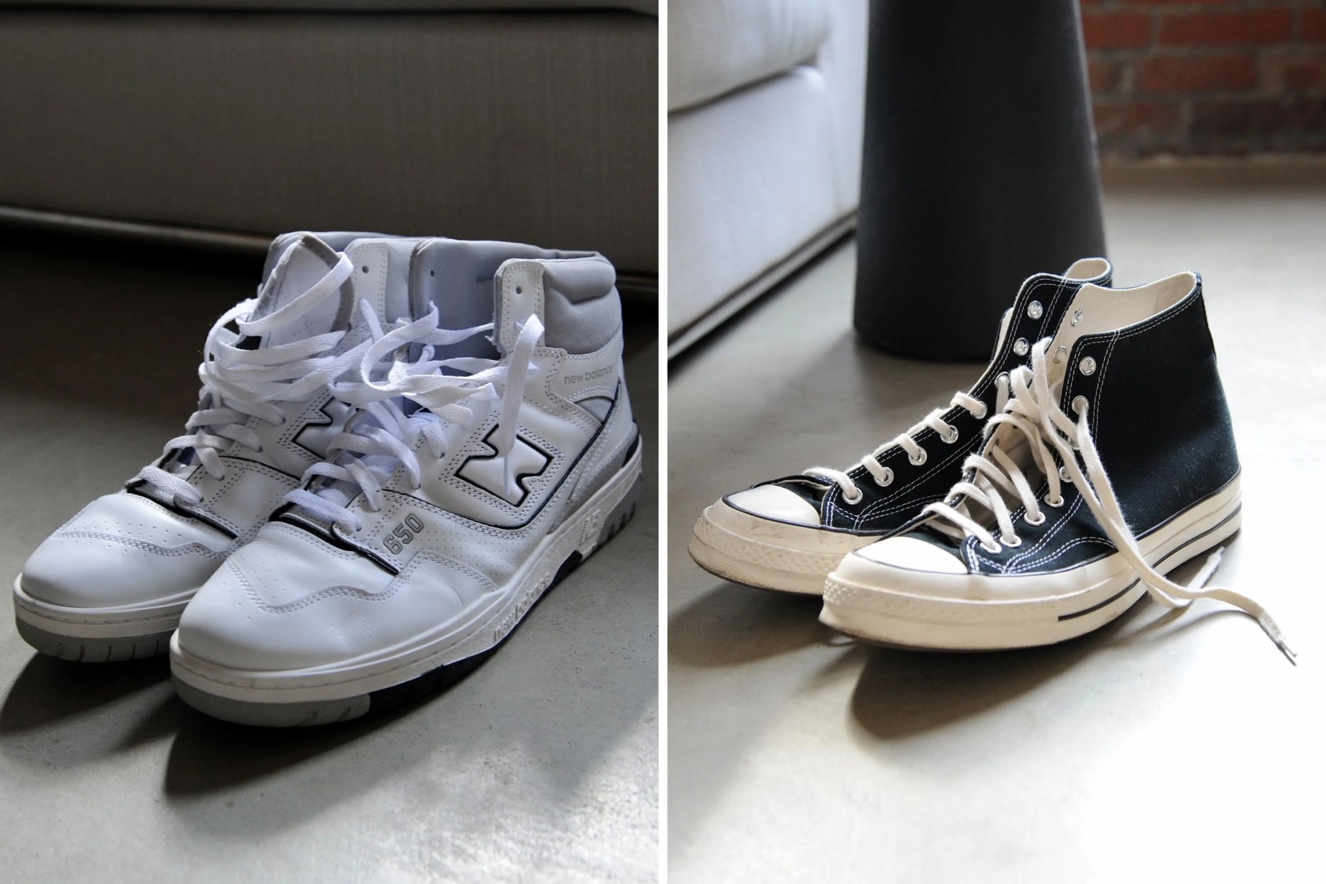 two pairs of high top sneakers on the ground