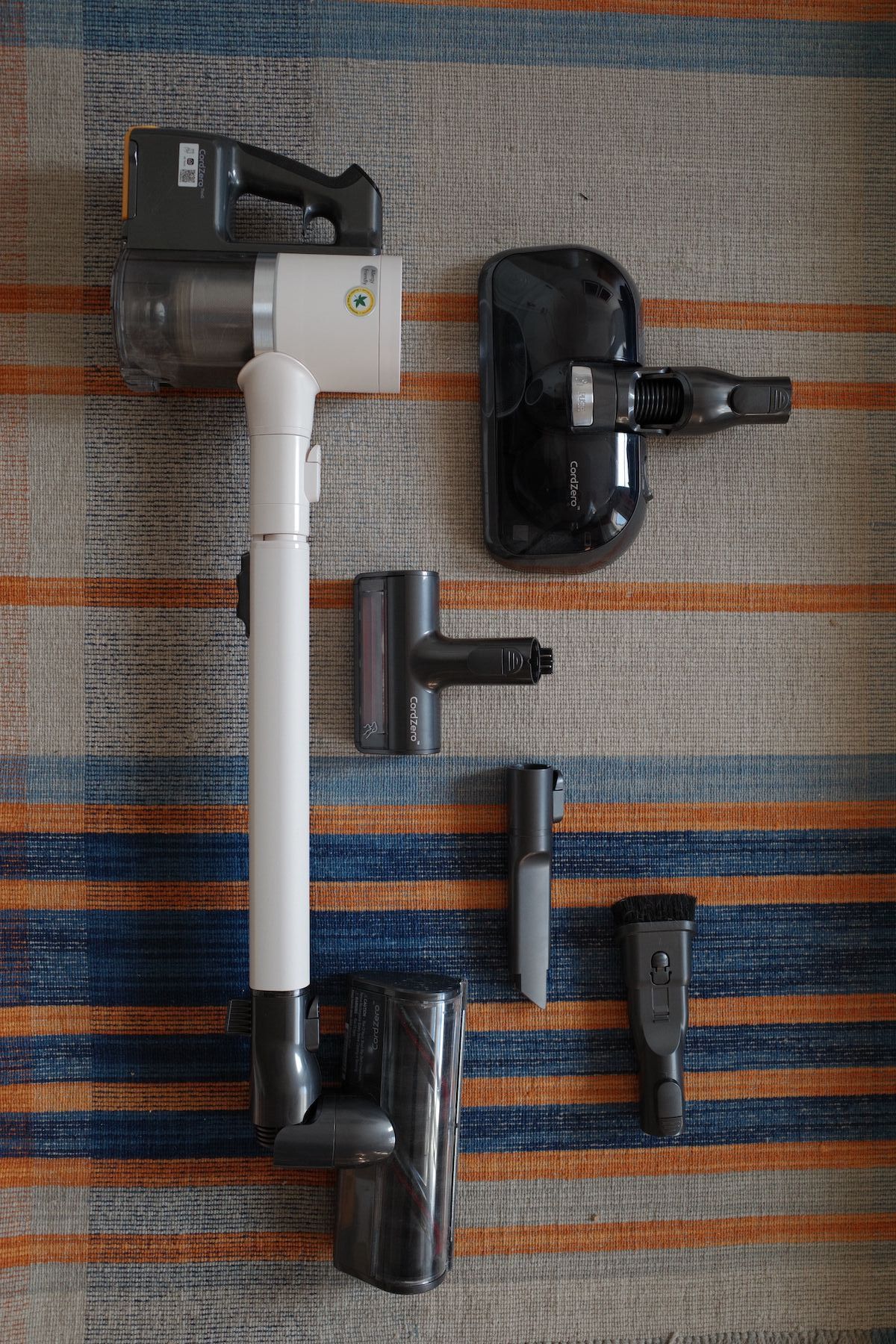 vacuum on a carpet with accessories