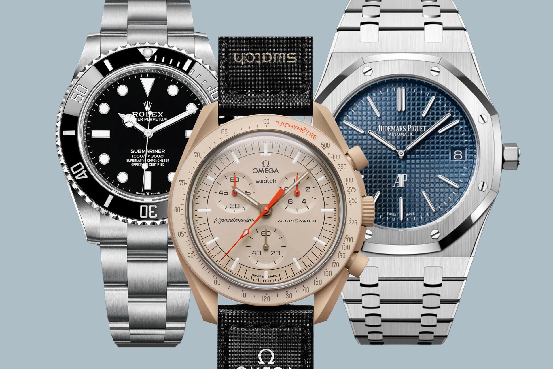 2 silver watches sitting behind a gold and black watch on a light blue background