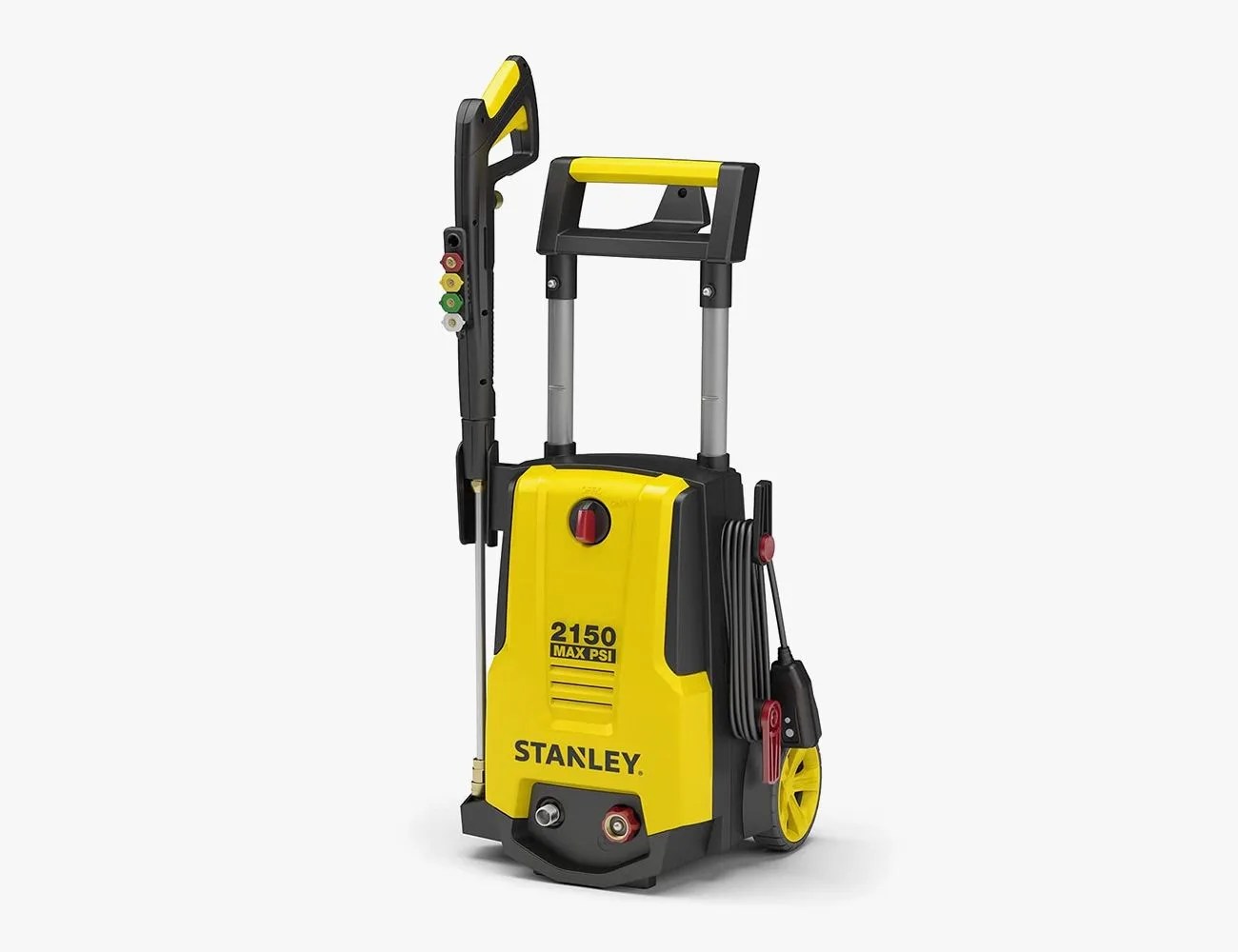 stanley shp2150 portable electric pressure washer, 2150 psi, 14 gpm, 13 amp, with metal lance, foam cannon, quick connect gun, 25' hose, 25lbs
