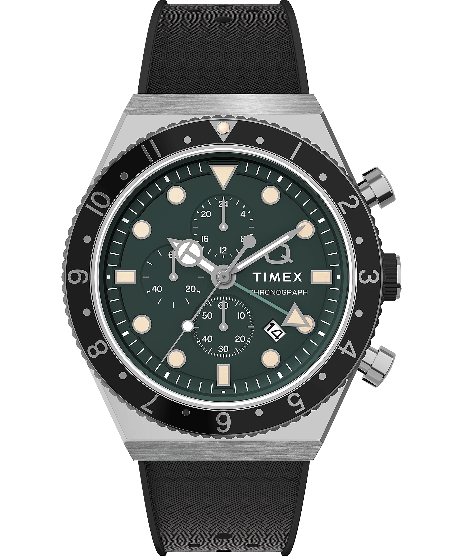 Q Timex Three Time Zone Chronograph 40mm Synthetic Rubber Strap Watch