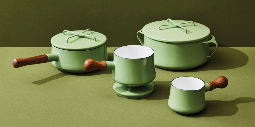 colorful dansk enamelware pots and pans