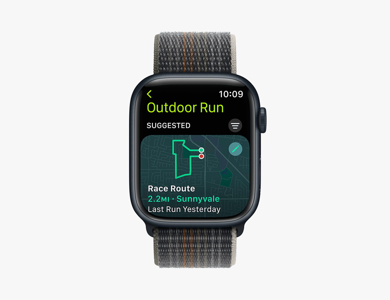 an apple watch ultra with a grey strap displaying a running app on its screen