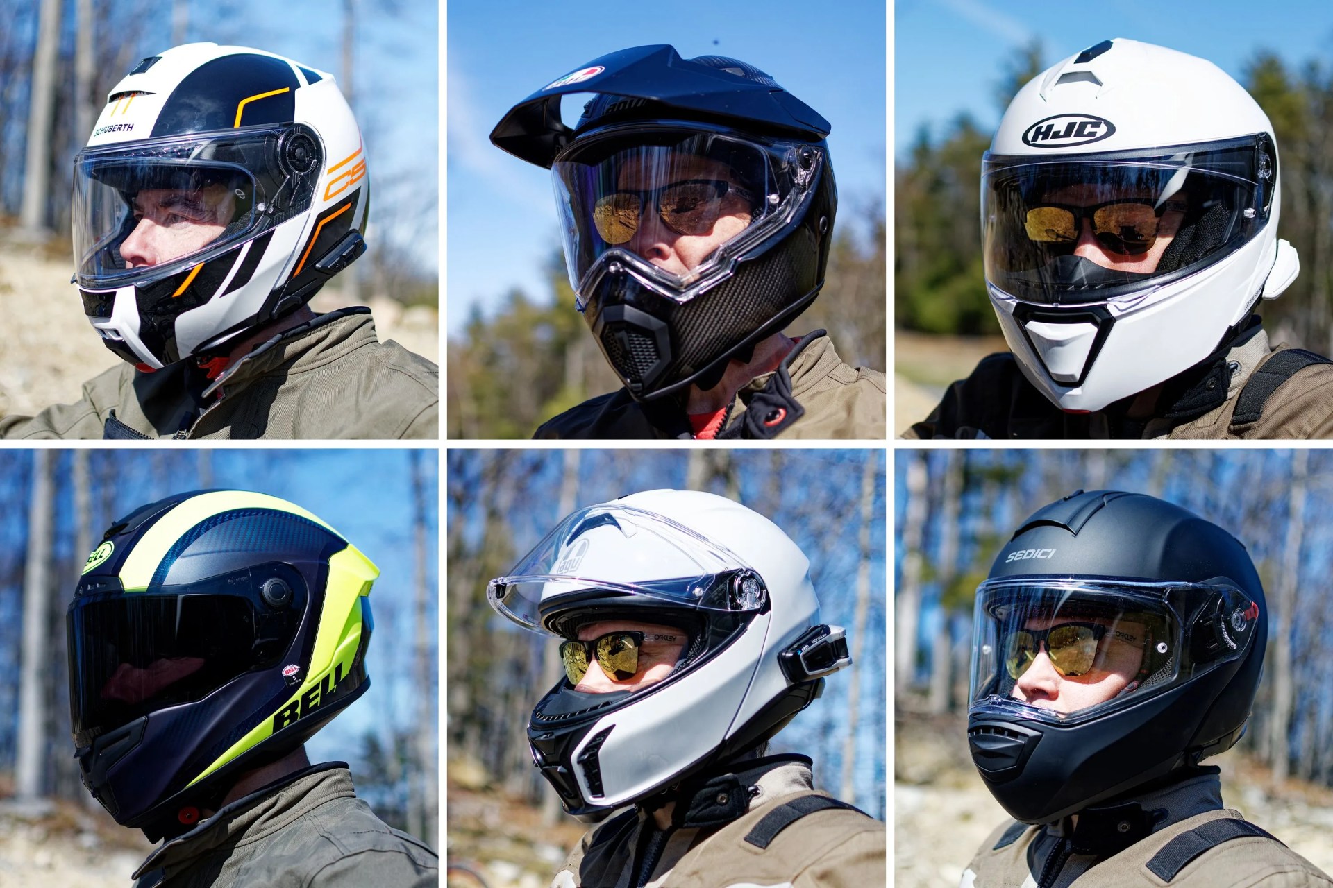 collage of 6 men wearing different motorcycle helmets