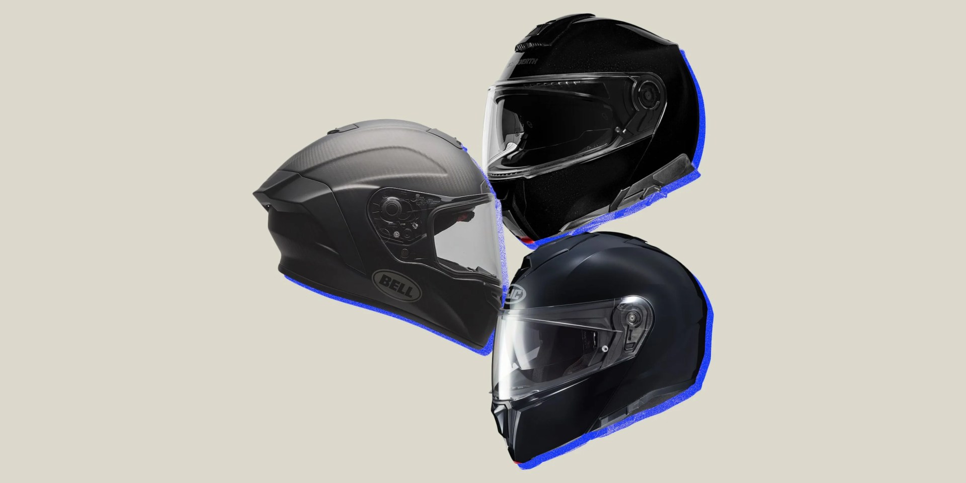 collage of three motorcycle helmets