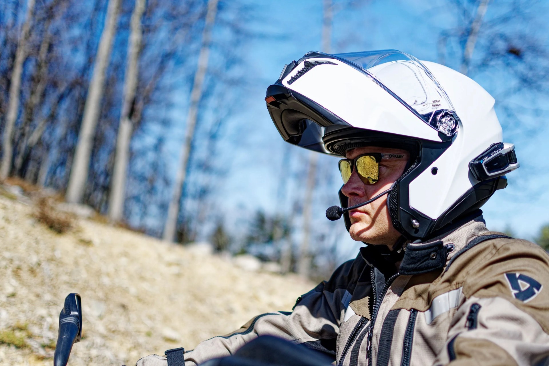 a man wearing a agv tourmodular helmet