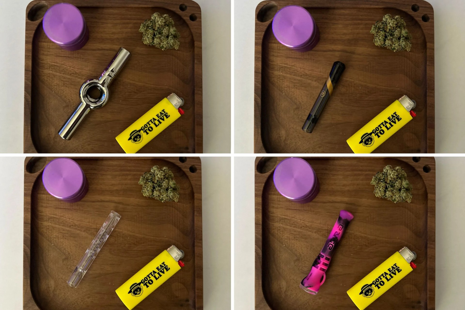 collage of different chillums and one hitters on a wooden tray with a lighter, grinder, and bud