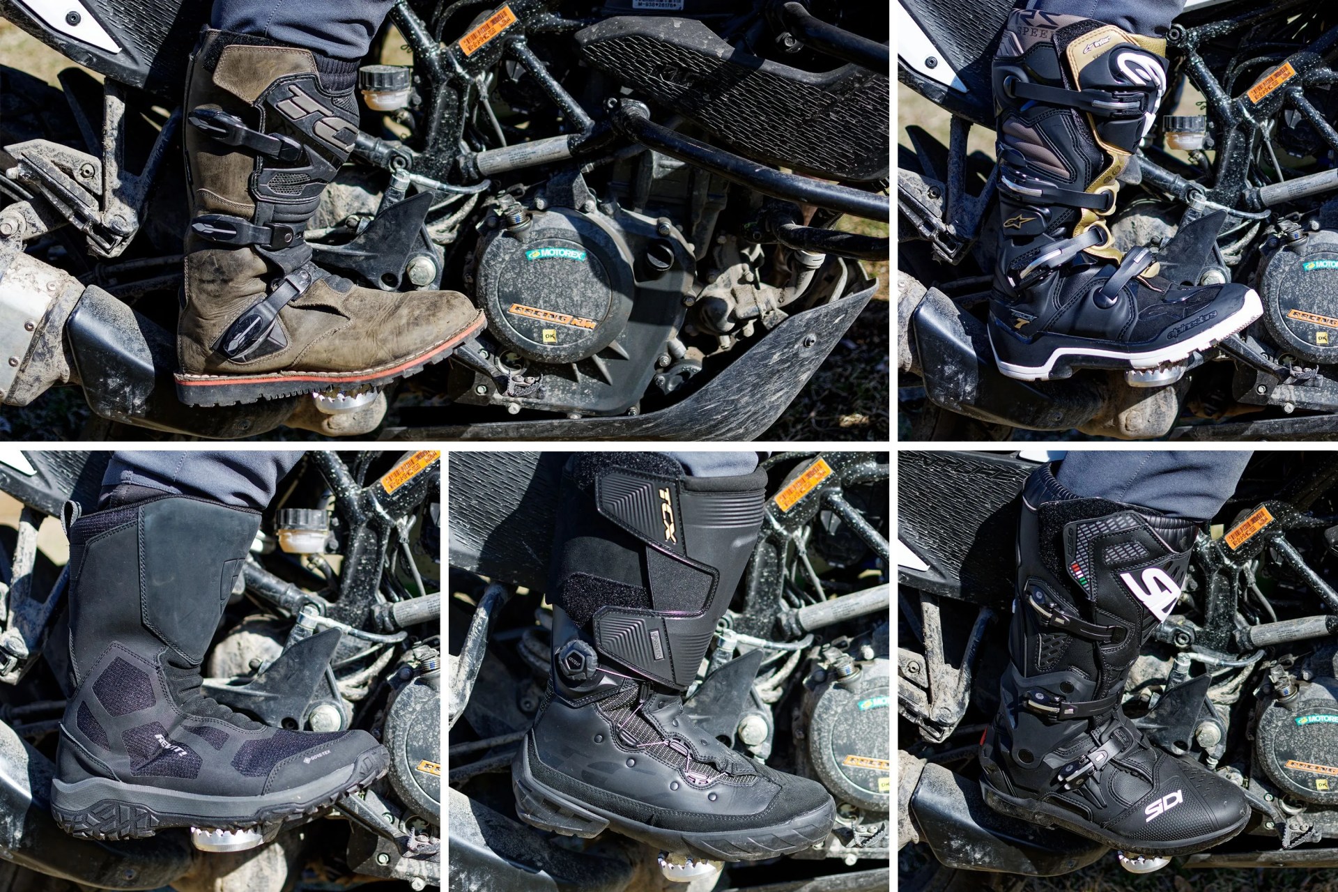 collage of motorcycle boots on a motorcycle