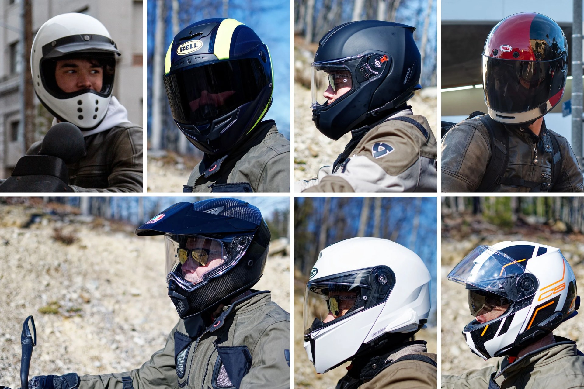 collage of men wearing motorcycle helmets