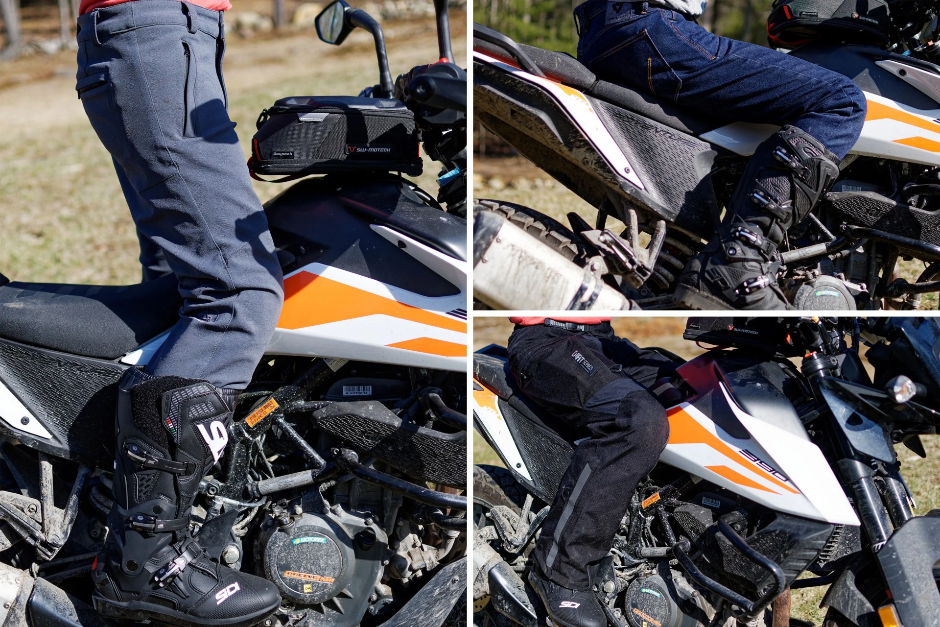 collage of three people wearing pants on motorcycles