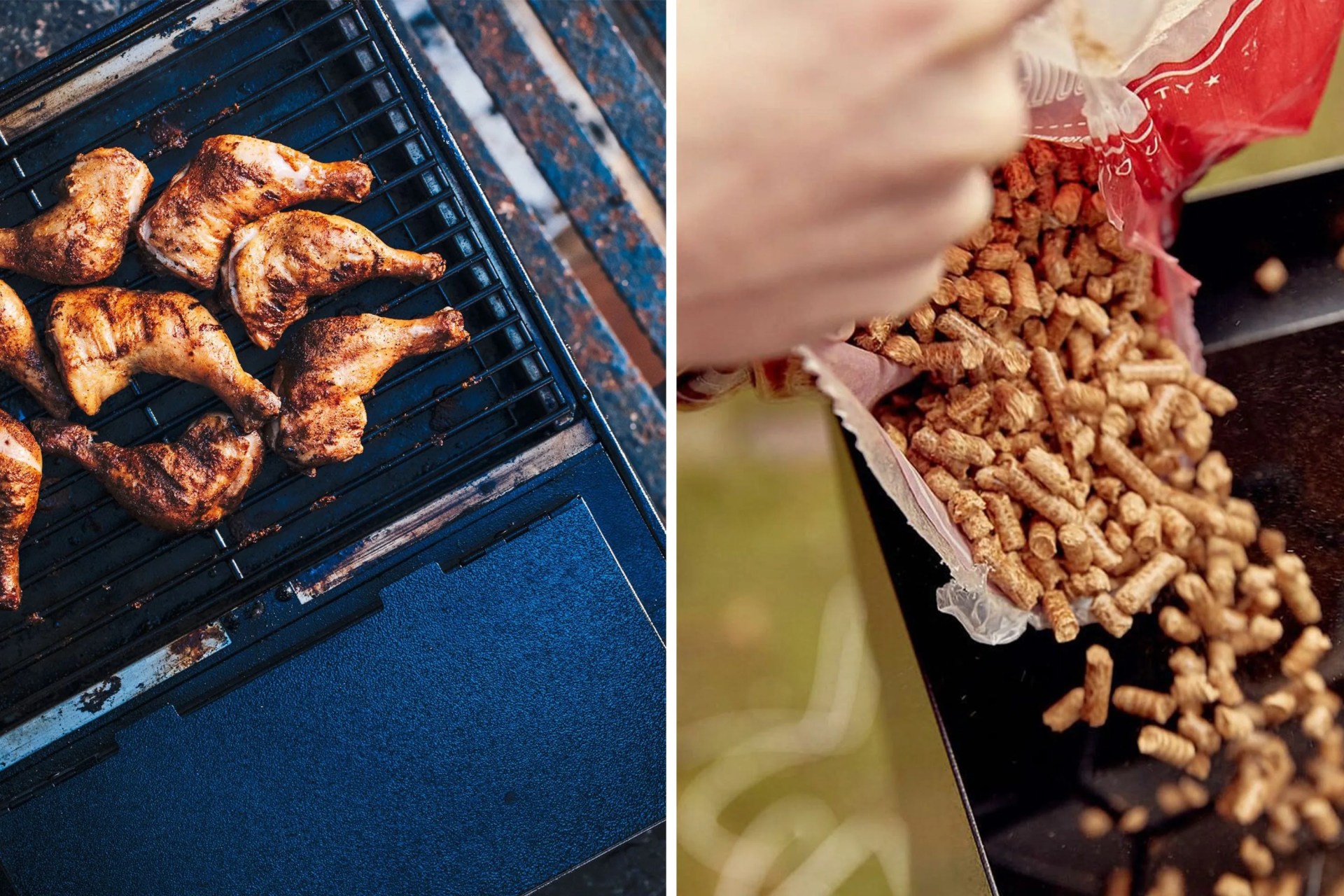 collage of chicken cooking on a grill and pellets being added to a pellet grill