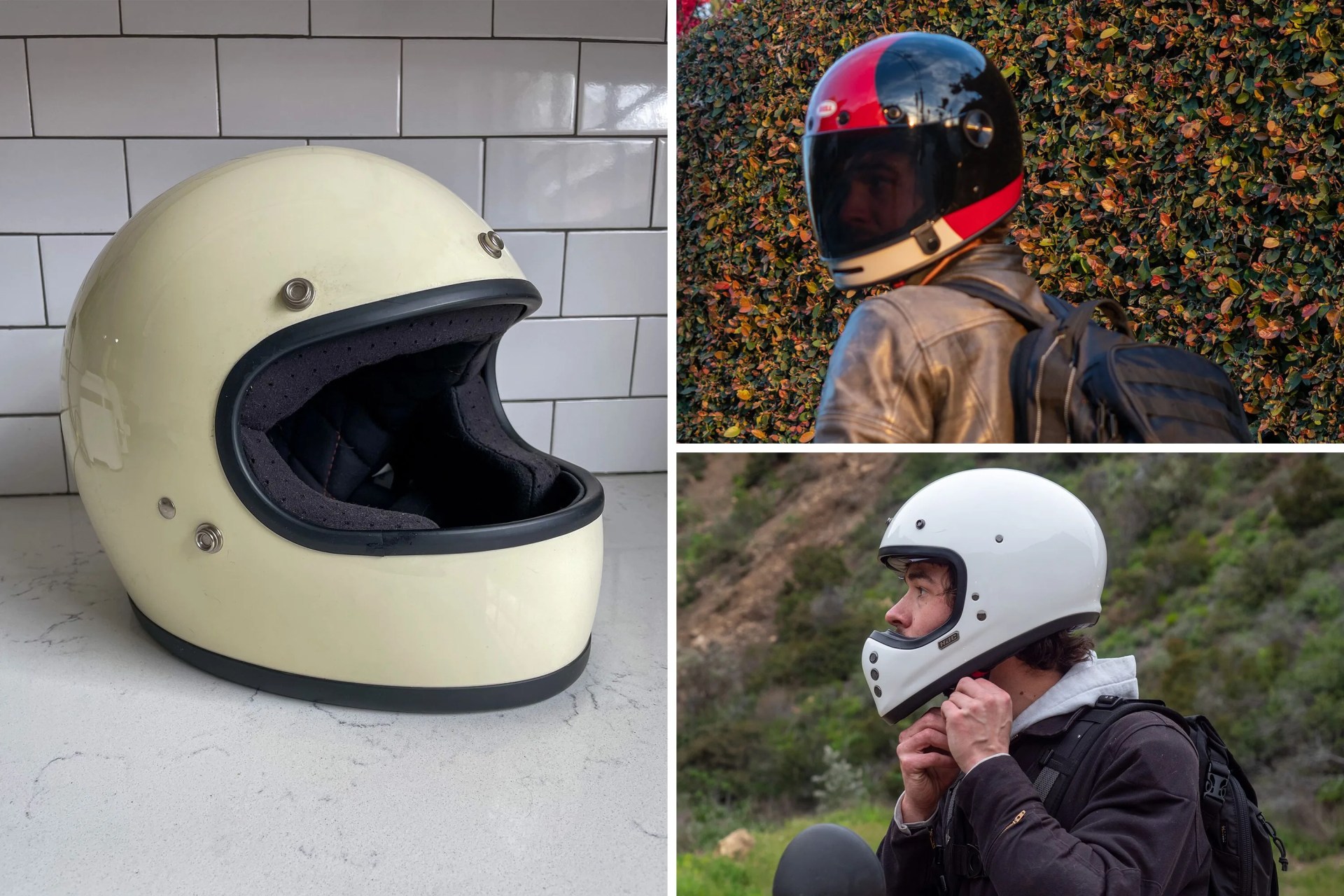 a collage with a motorcycle helmet on a counter and 2 men wearing motorcycle helmets