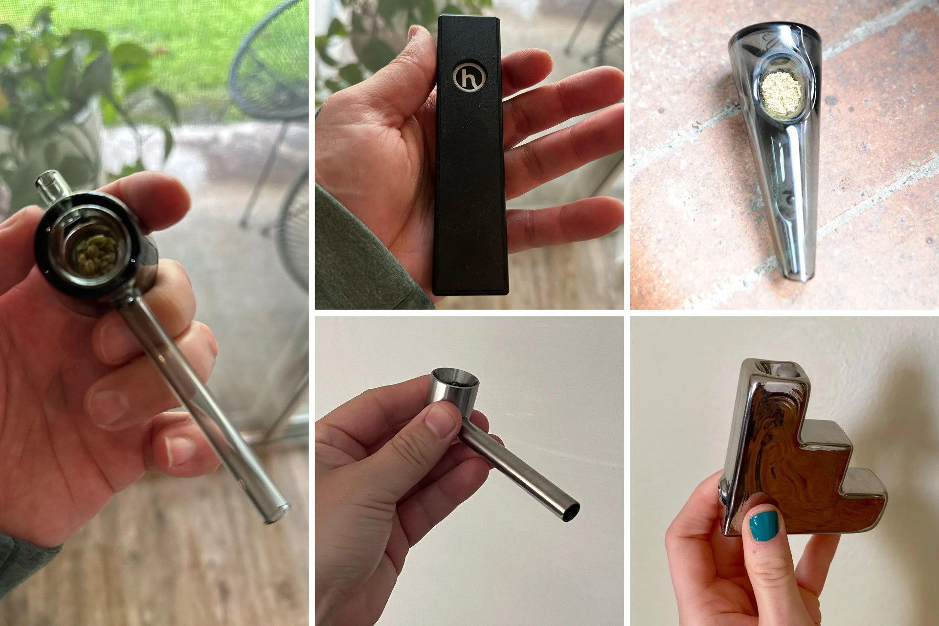 collage of weed pipes in hands