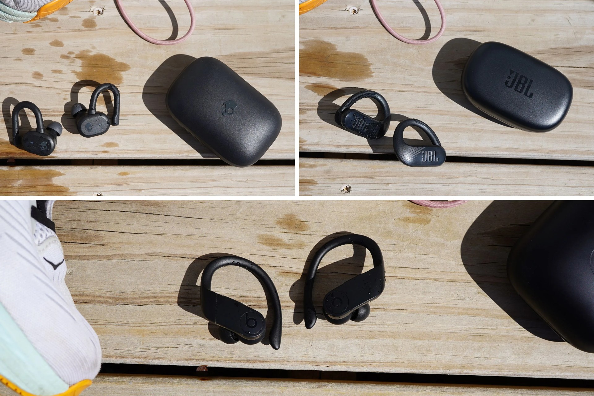 collage of wireless earbuds with ear hooks