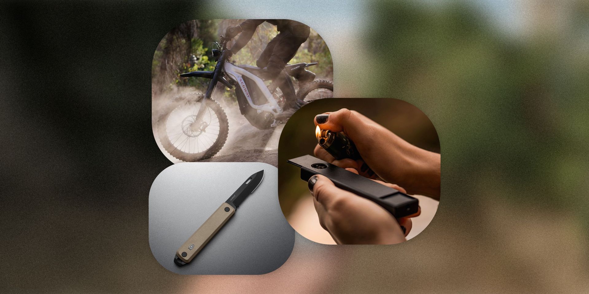 collage of a person riding a dirt bike, a knife, and someone lighting a pipe