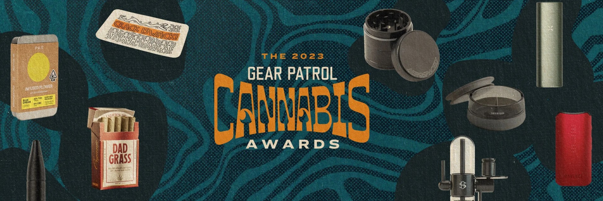 a graphic that reads the 2023 gear patrol cannabis awards surrounded by grinders, vape pens, weed trays, and a pack of joints