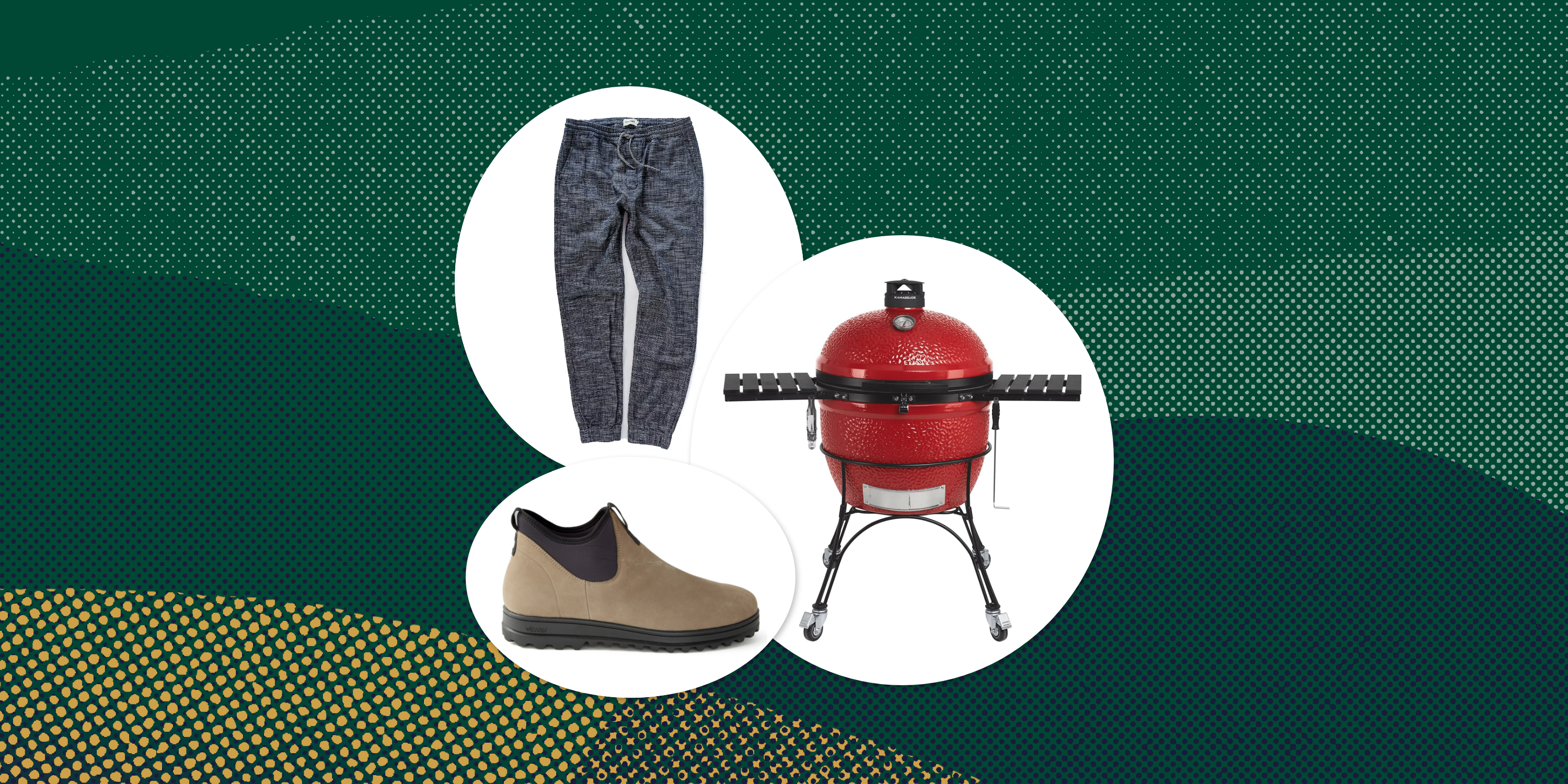 collage of pants, a shoe, and a grill