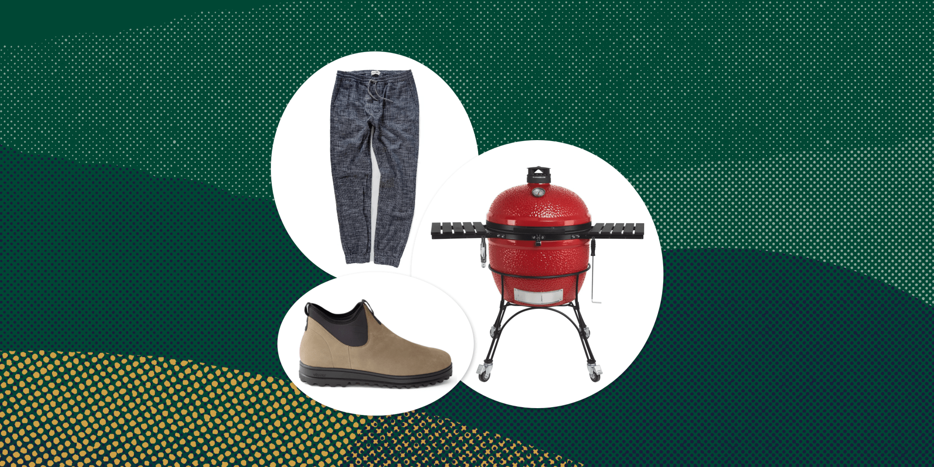 collage of pants, a shoe, and a grill