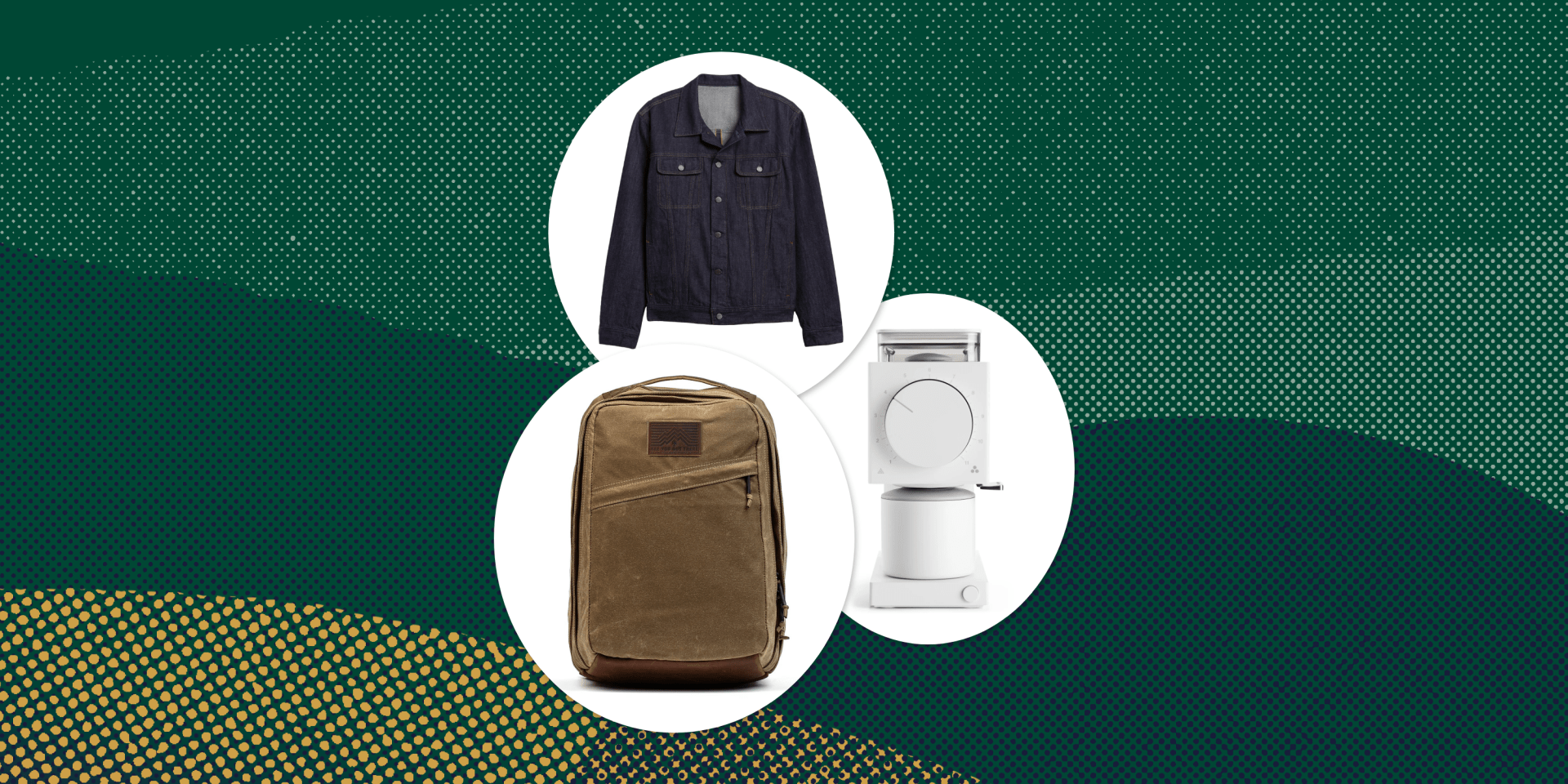 a jean jacket, a backpack, and a coffee grinder