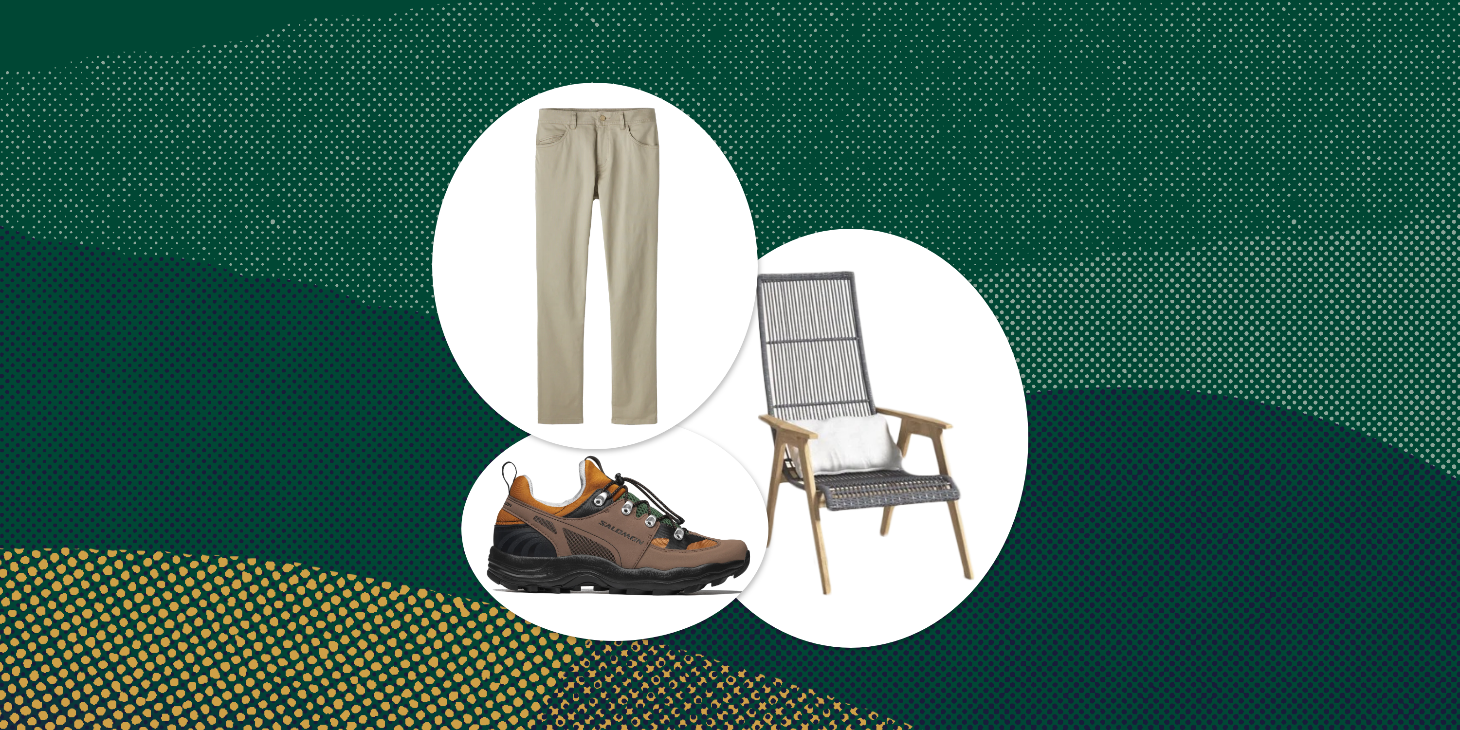 collage of pants, a hiking shoe, and a chair