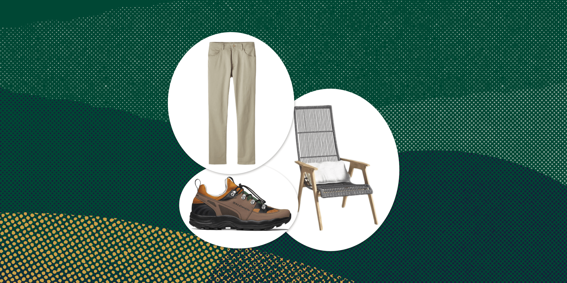 collage of pants, a hiking shoe, and a chair