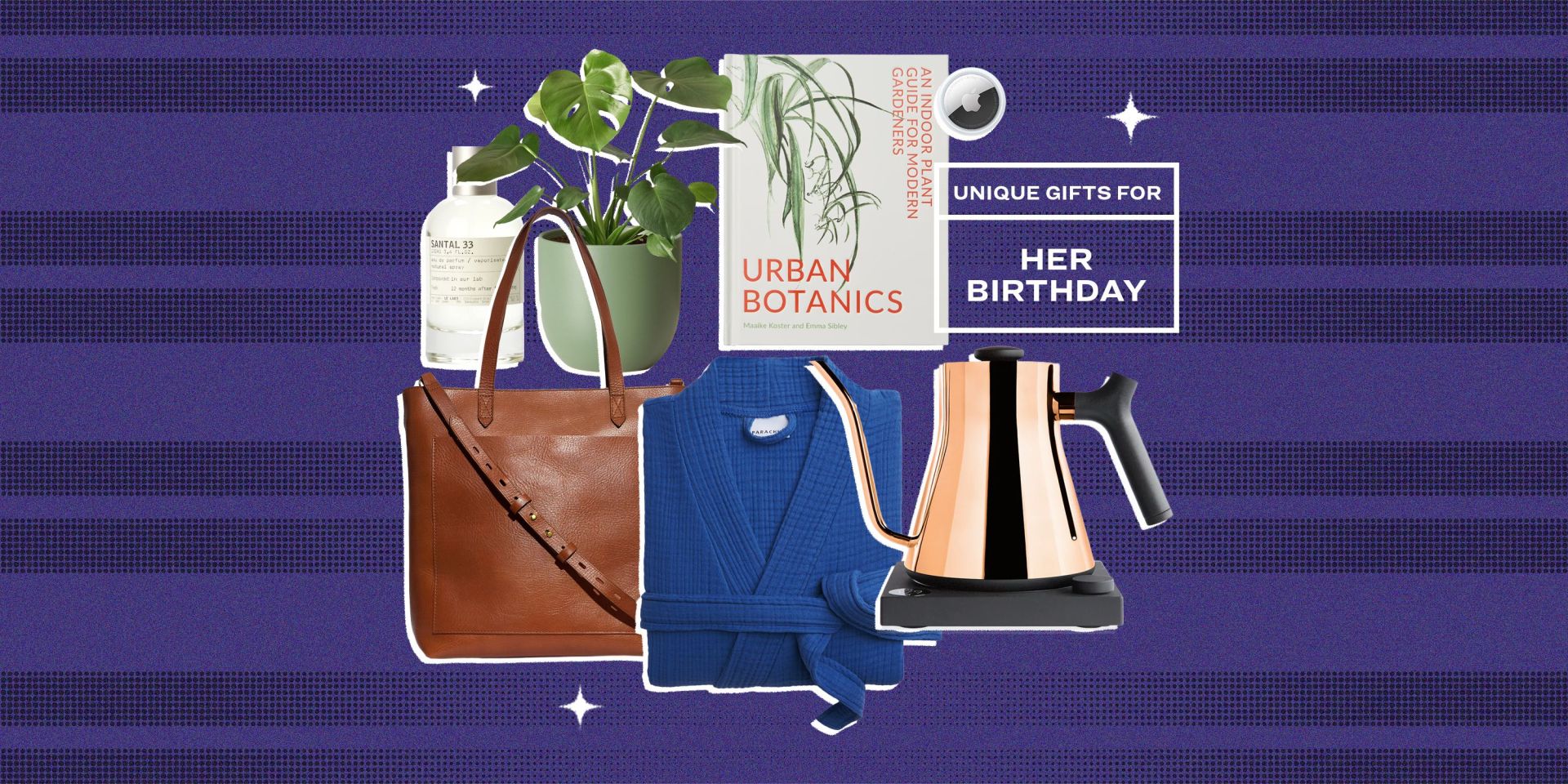 collage of perfume, a monsterra plant, a plant book, a leather purse, a blue robe, and an electric tea kettle