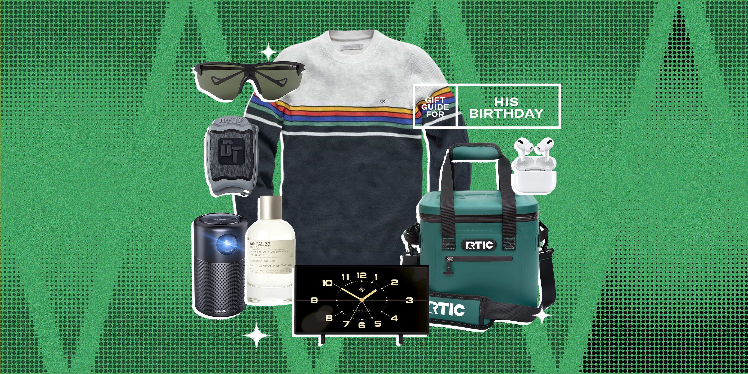 collage of sunglasses, a bottle opener, a light, a bottle of fragrance, a clock, a cooler, a sweater, and earbuds on a green background