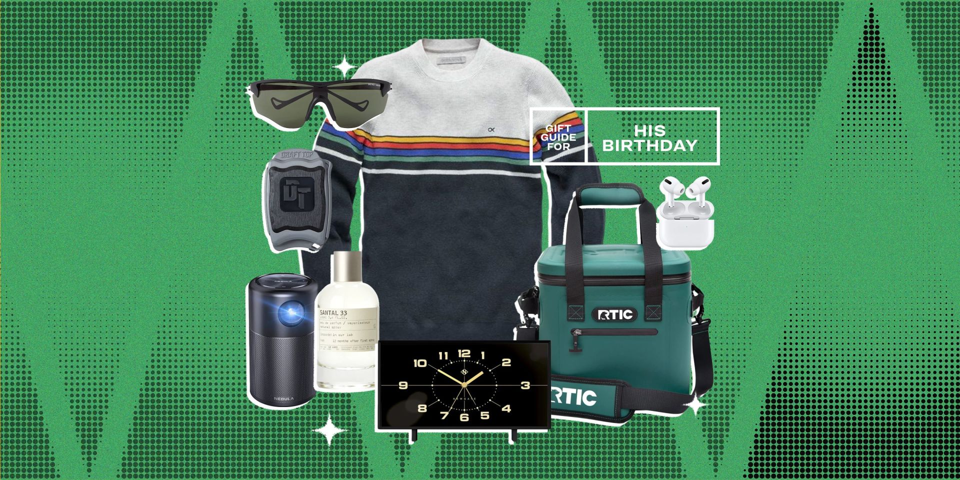collage of sunglasses, a bottle opener, a light, a bottle of fragrance, a clock, a cooler, a sweater, and earbuds on a green background