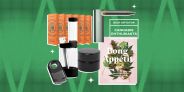collage of rolling papers, a bong, vape pens, a book, a grinder, and a lighter