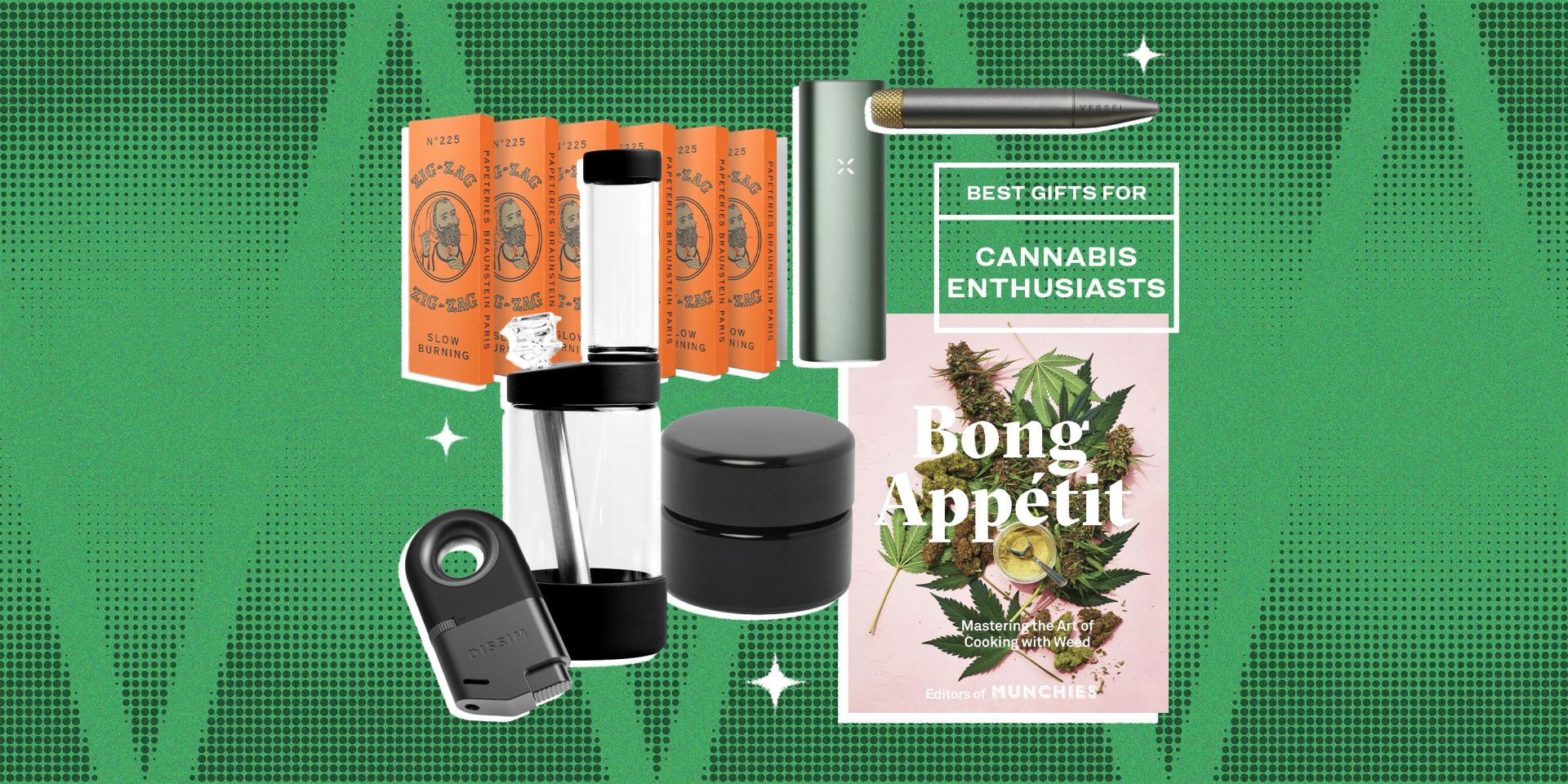 collage of rolling papers, a bong, vape pens, a book, a grinder, and a lighter