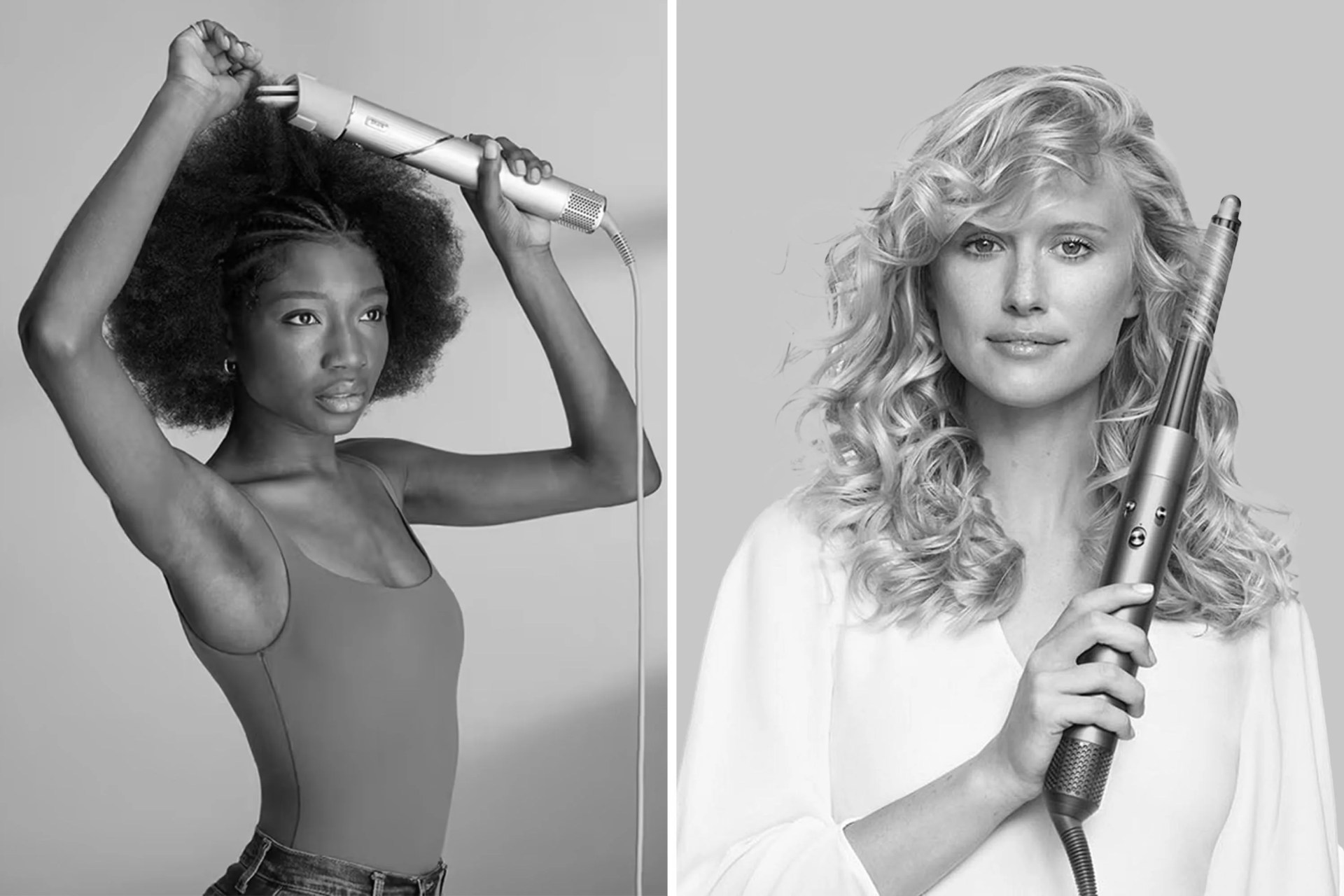a collage of two women curling their hair