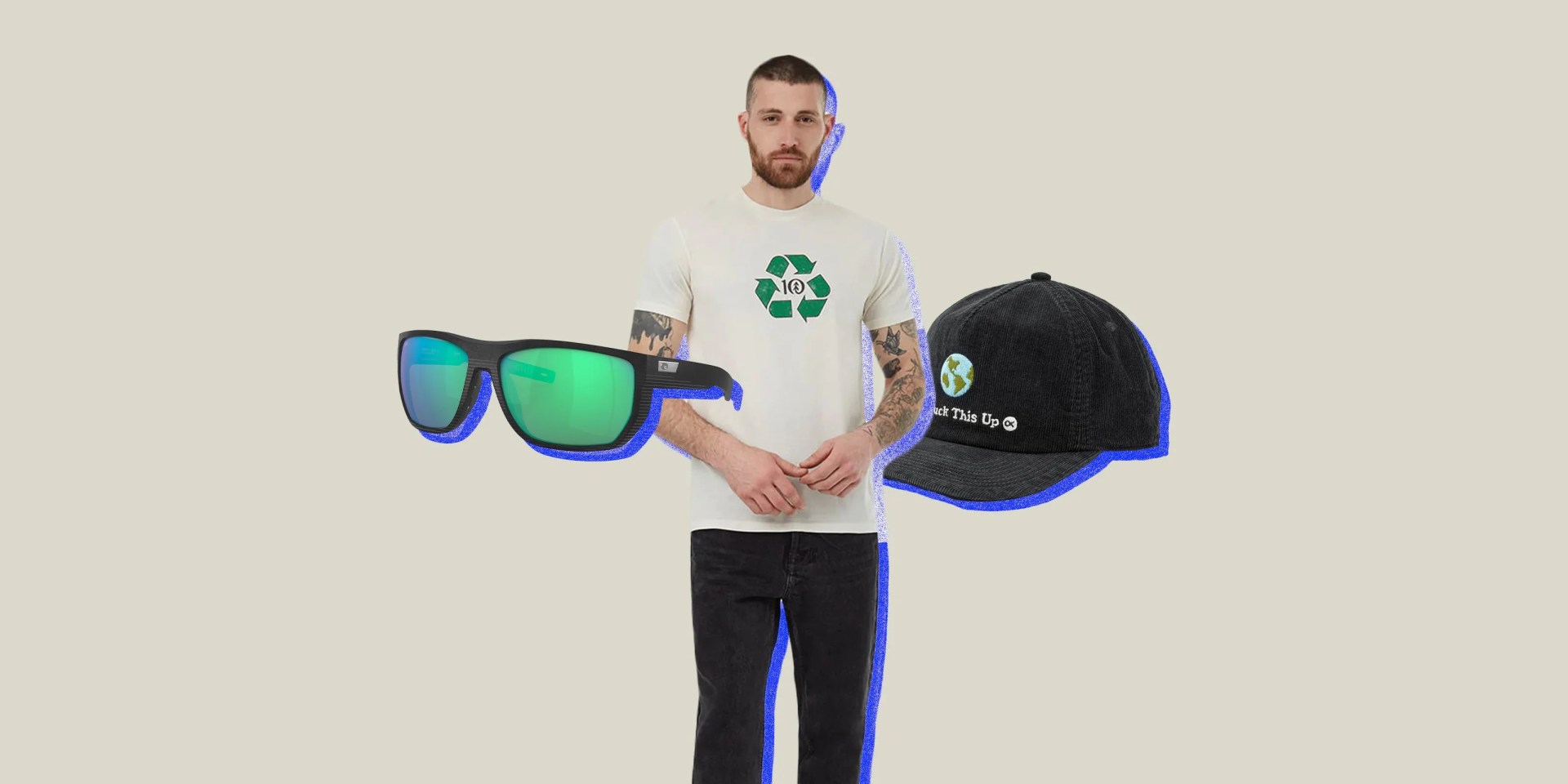 collage of sunglasses, a hat, and a man wearing a recycle shirt