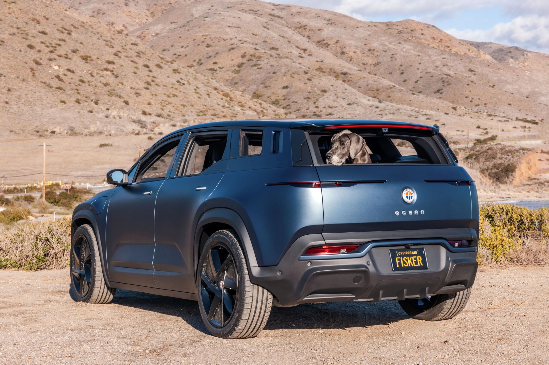 fisker ocean big sur blue matte in leo carrilo beach california mode dog