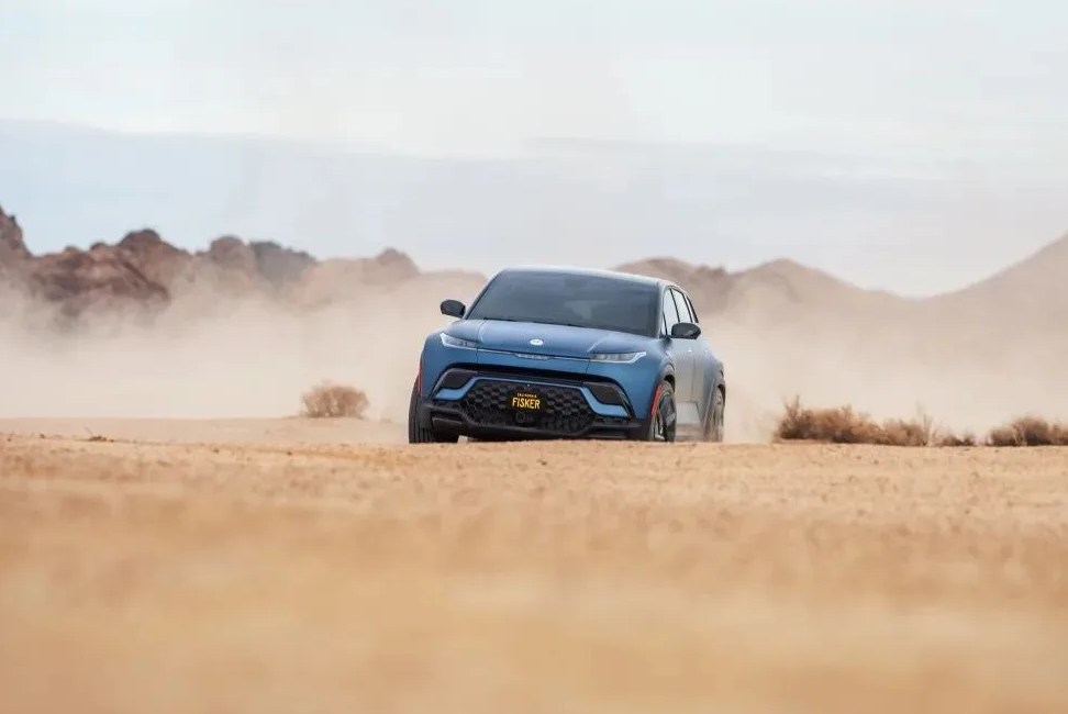 fisker ocean driving through the desert