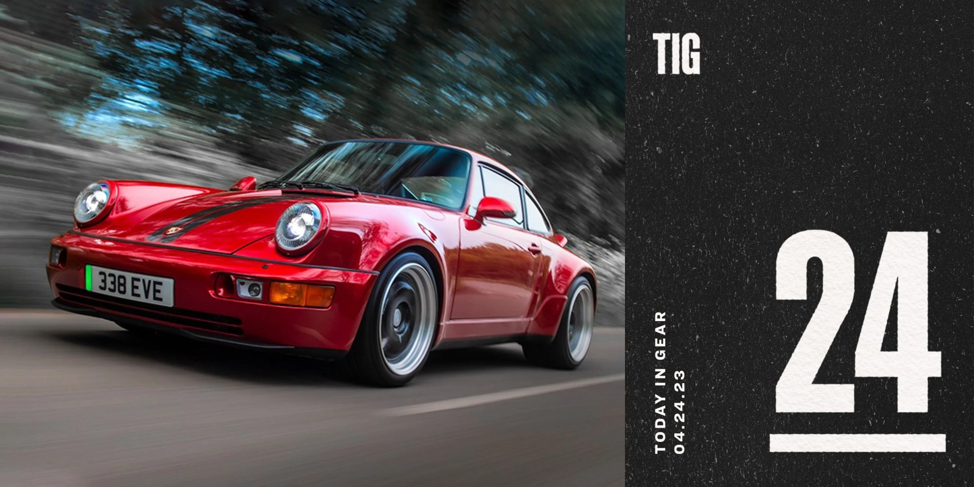 a red porsche next to a graphic that says tig 24 today in gear 04 24 23