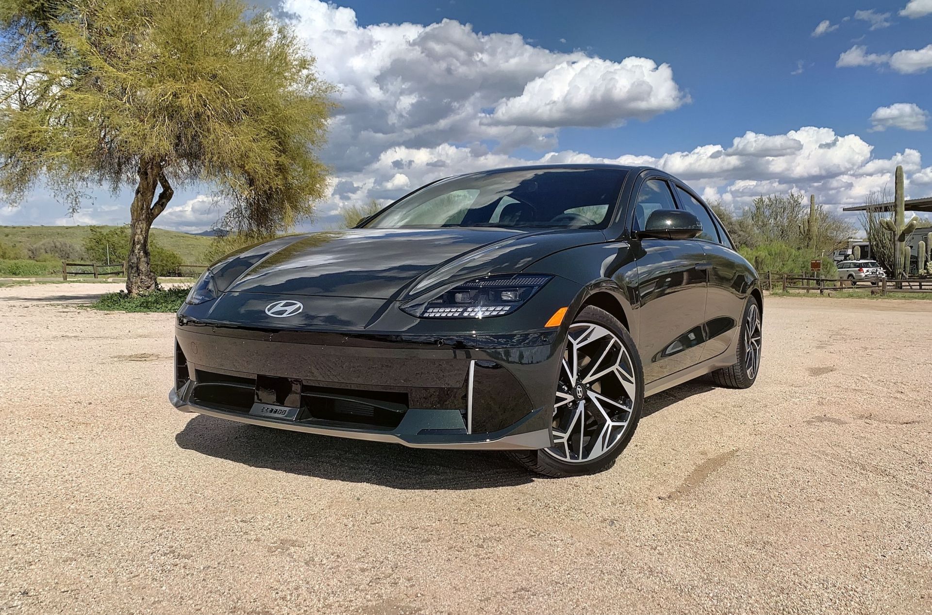 hyundai ioniq 6 parked in a dirt lot in arizona