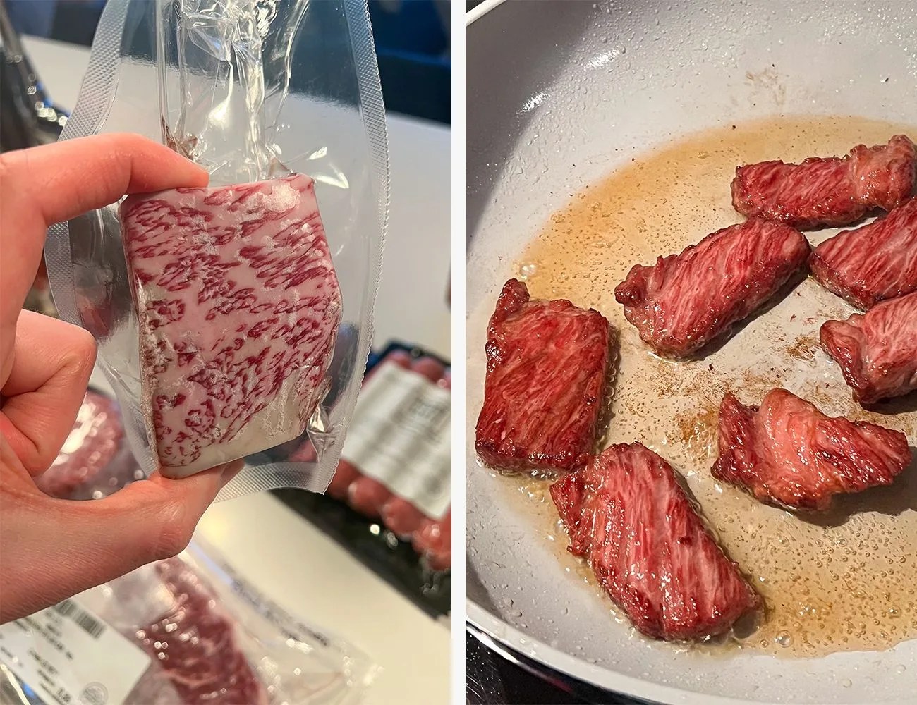 packaged steak next to cooked steak in a pan
