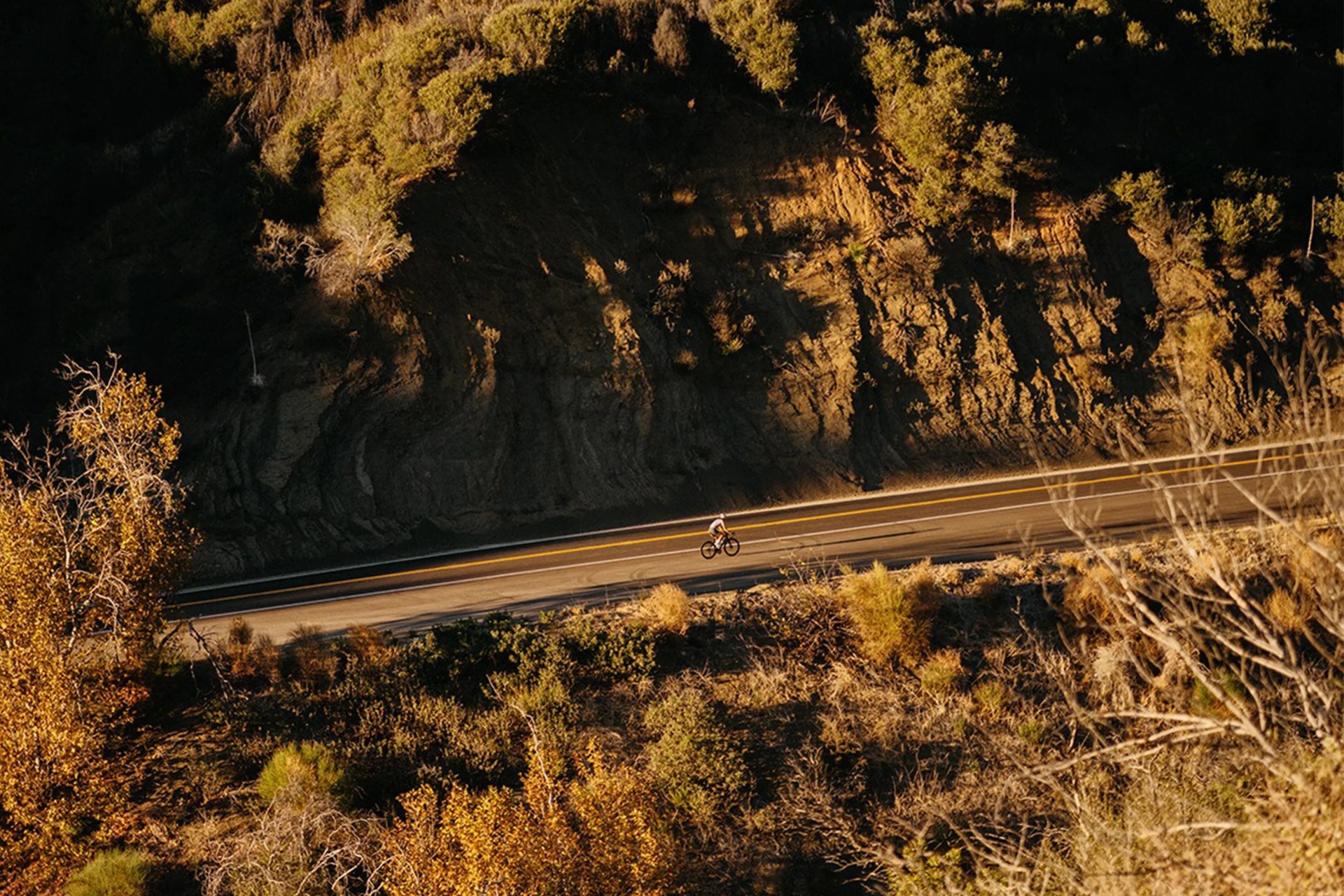 overhead photo of a person riding a bike down the road