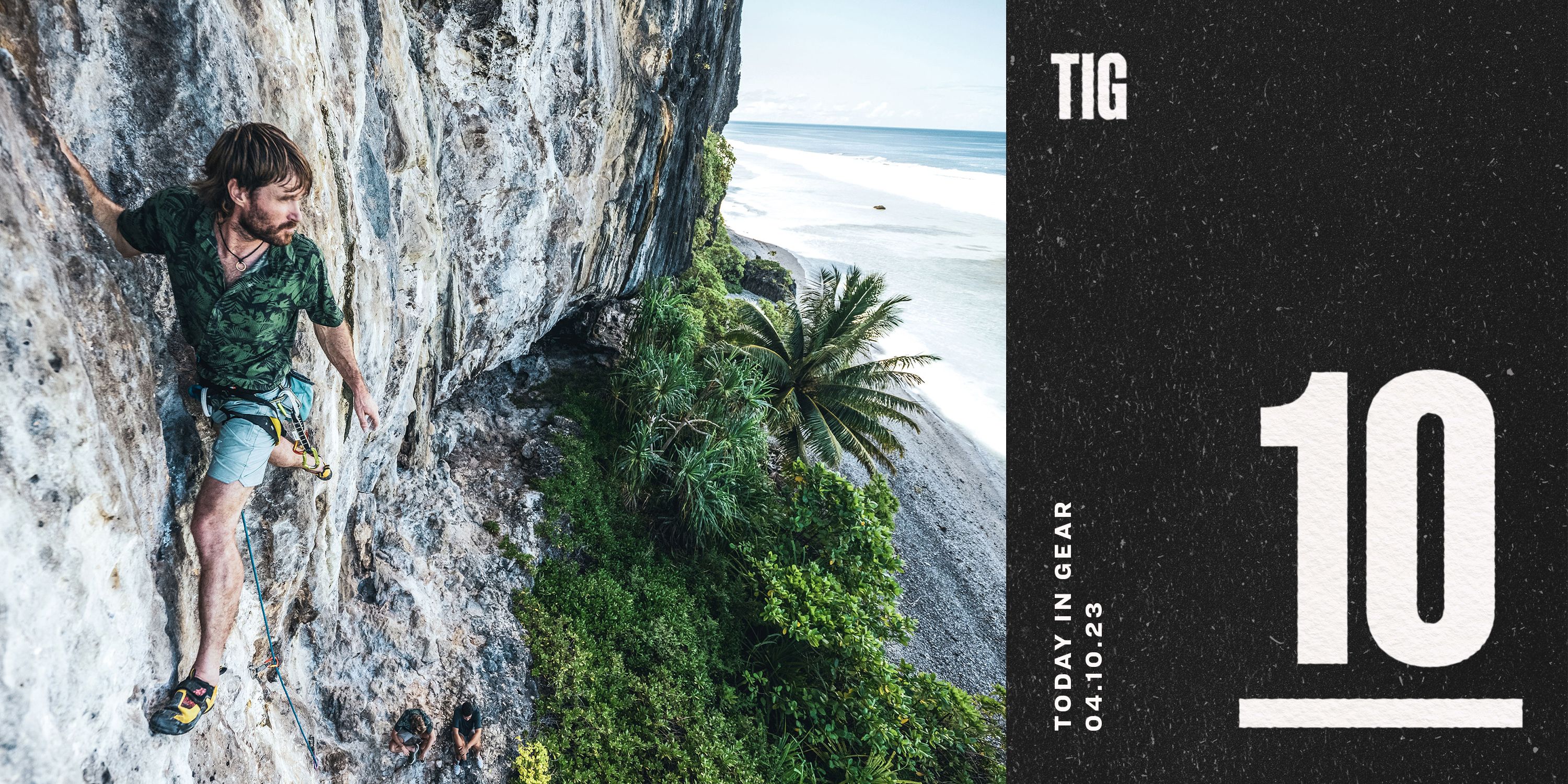 today in gear april 10 2023 man climbing cliffside overlooking ocean wearing roark bless up breathable stretch shirt